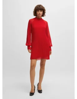 Plissé-pleat dress with high neckline