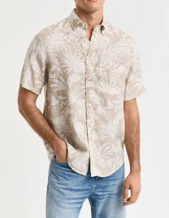 Regular Fit Botanical Print Linen Short Sleeve Shirt