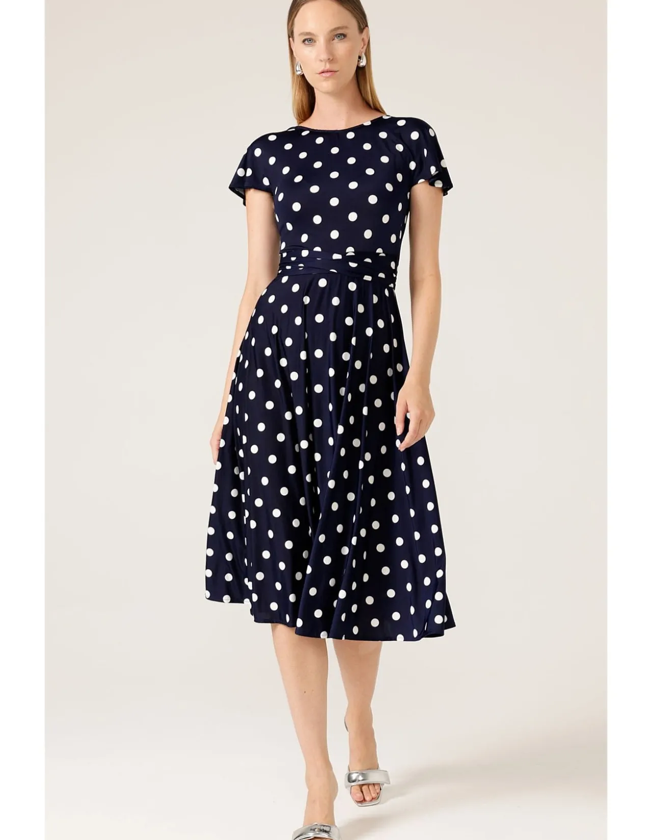 REVERSE WRAP MIDI DRESS IN NAVY SPOT