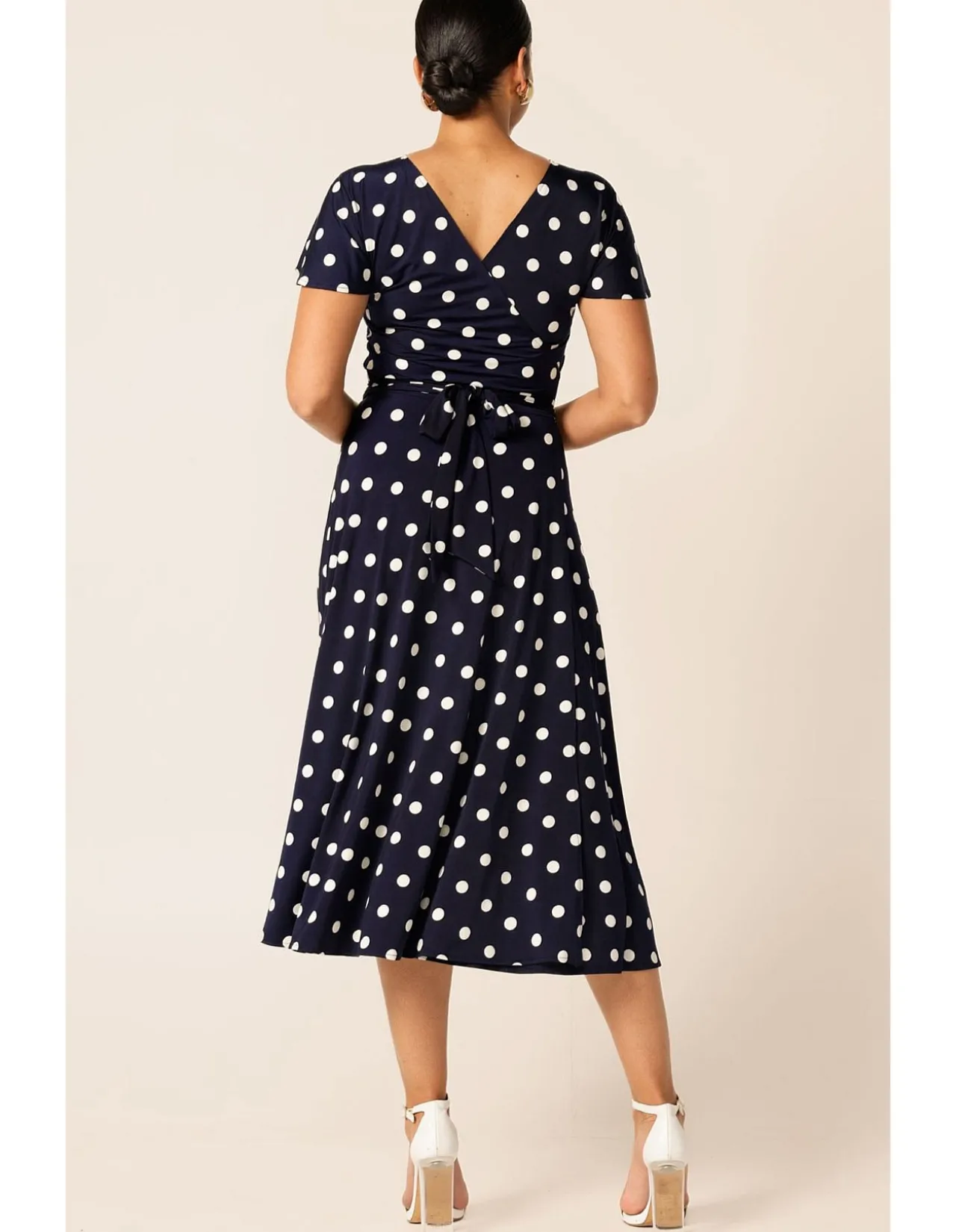 REVERSE WRAP MIDI DRESS IN NAVY SPOT