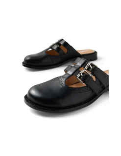 Roenza Double Strap Buckle Leather Mules