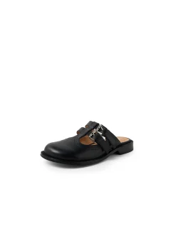Roenza Double Strap Buckle Leather Mules