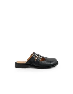 Roenza Double Strap Buckle Leather Mules