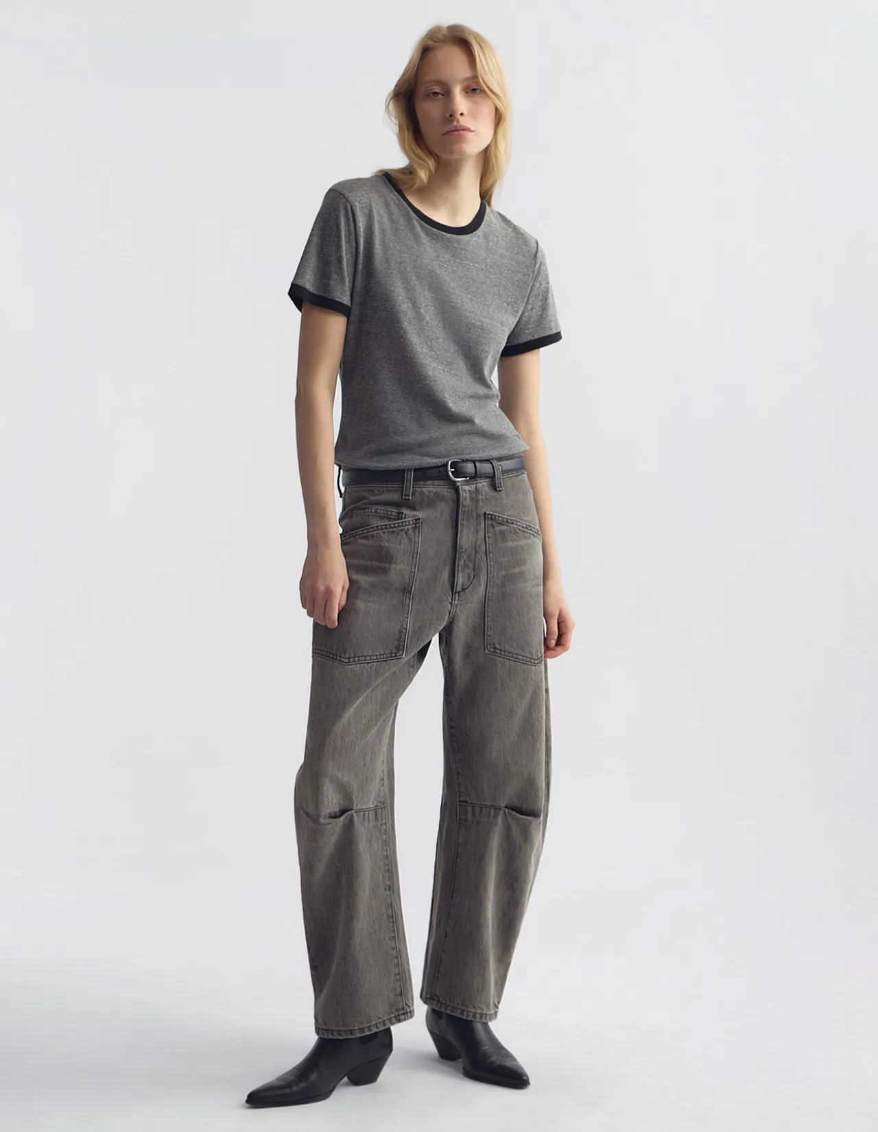 Shon Mid Rise Curved Barrel Leg Jean