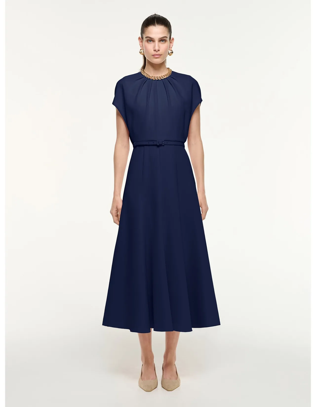 short sleeve SELF BELTED MIDI DRESS