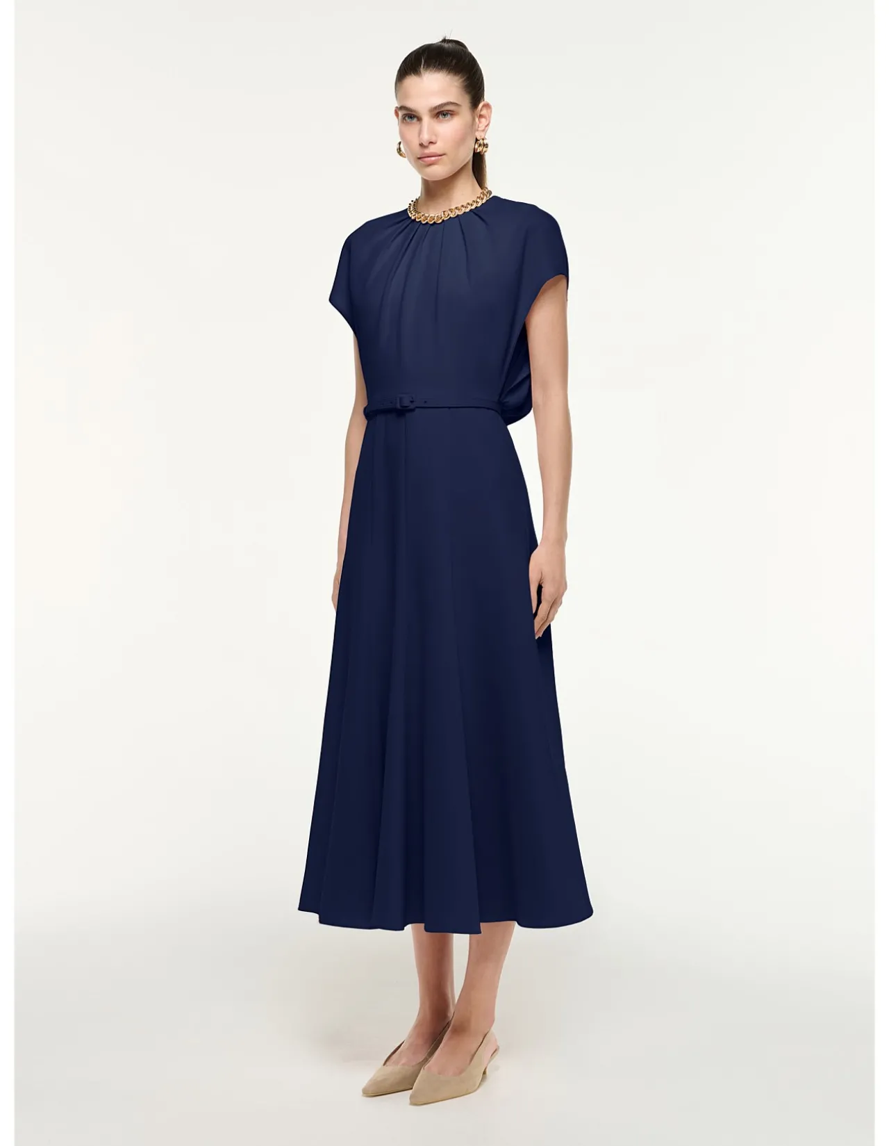 short sleeve SELF BELTED MIDI DRESS