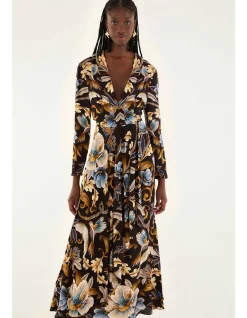 SNAKE GARDEN Long Sleeve V NECK MAXI DRESS