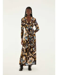 SNAKE GARDEN Long Sleeve V NECK MAXI DRESS