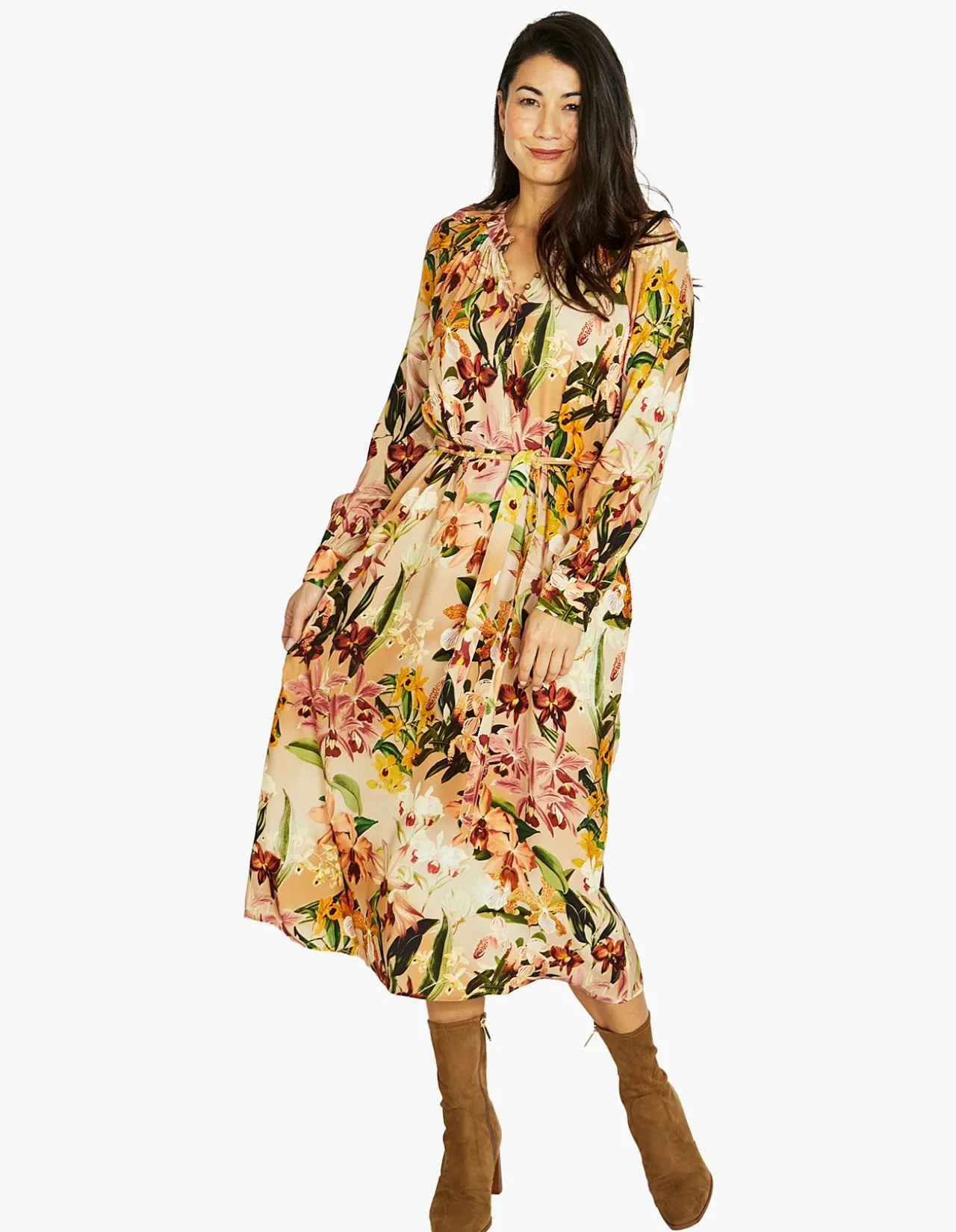 Spiced Orchids Floral Midi Tie Waist Dress