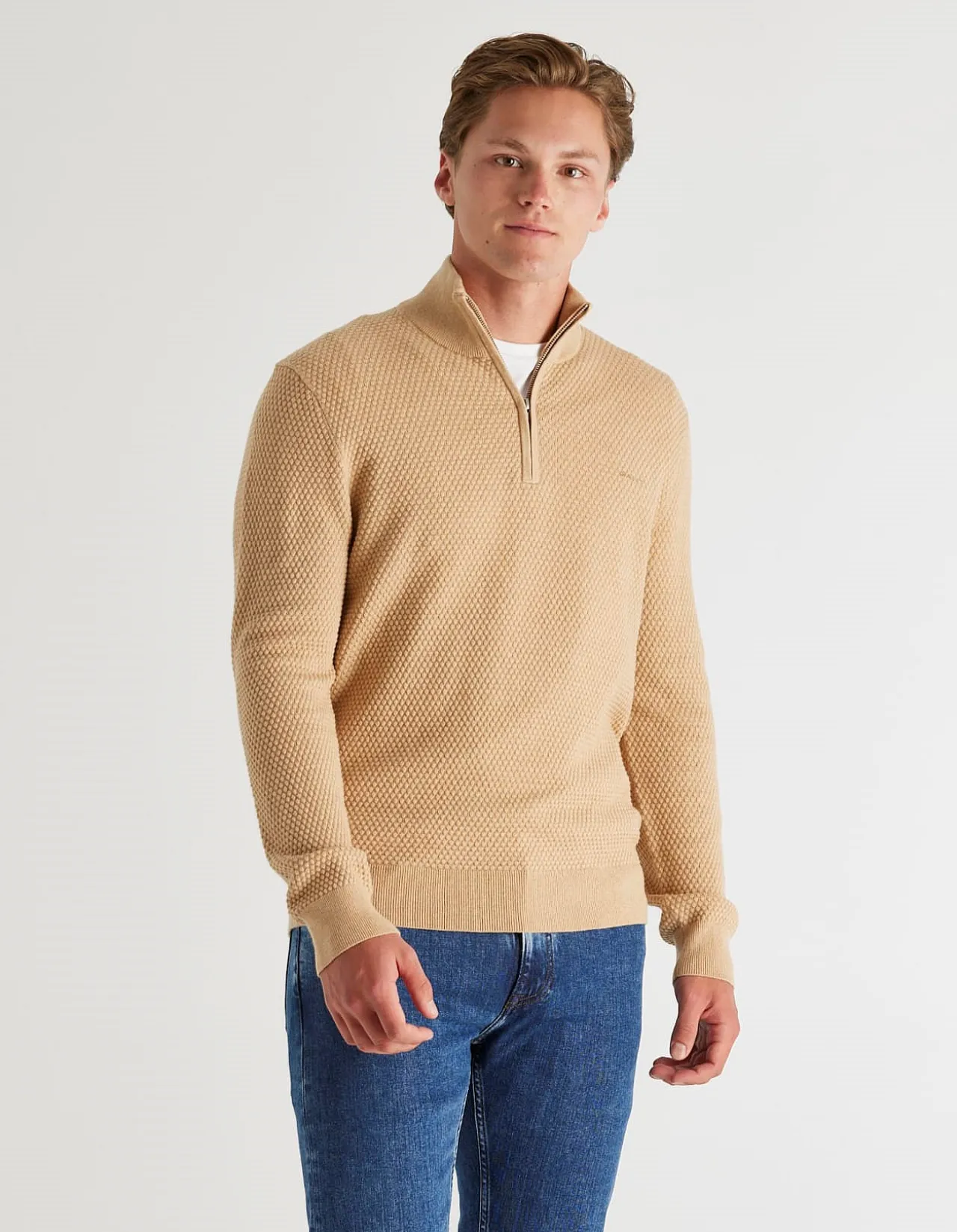 Textured Cotton Merino Half Zip Sweater