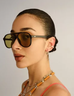 TRAGIC MAGIC BLACK AVIATOR OLIVE TINT SUNGLASSES