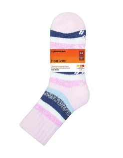 Underworks Heat Bods Women's Brushed Rib Welt Mid Crew Socks, 1 Pack, Pink Striped