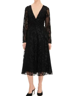 V NECK LS MIDI DRESS