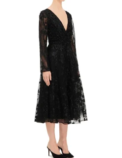 V NECK LS MIDI DRESS
