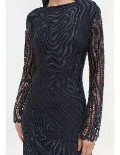 Vanina Intricate Marbled Guipure Long Sleeve Midi Dress Midnight