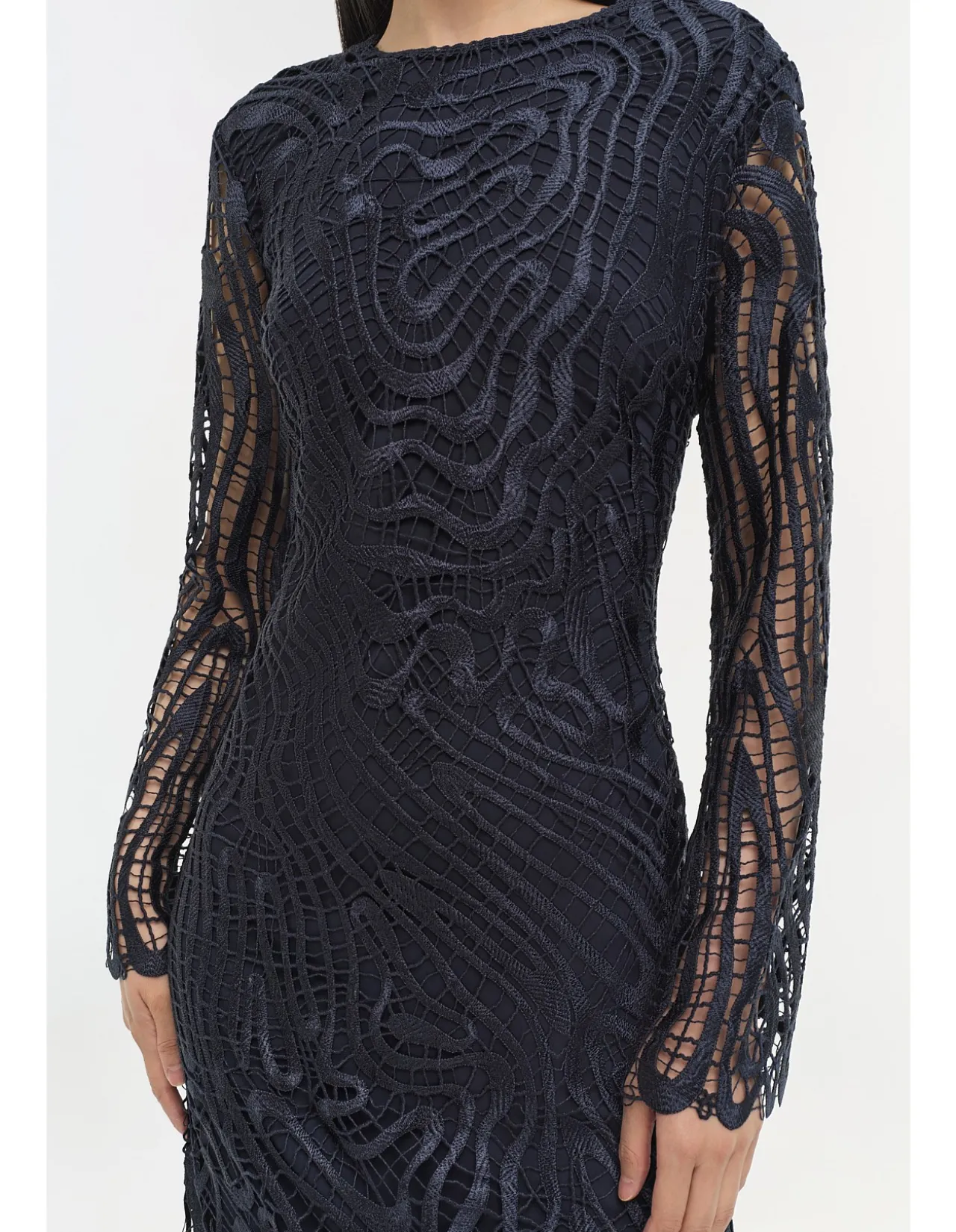 Vanina Intricate Marbled Guipure Long Sleeve Midi Dress Midnight
