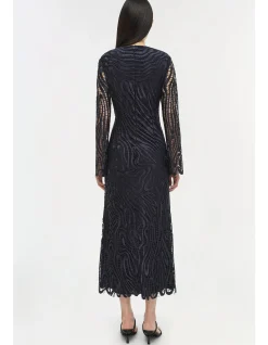 Vanina Intricate Marbled Guipure Long Sleeve Midi Dress Midnight