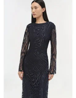 Vanina Intricate Marbled Guipure Long Sleeve Midi Dress Midnight
