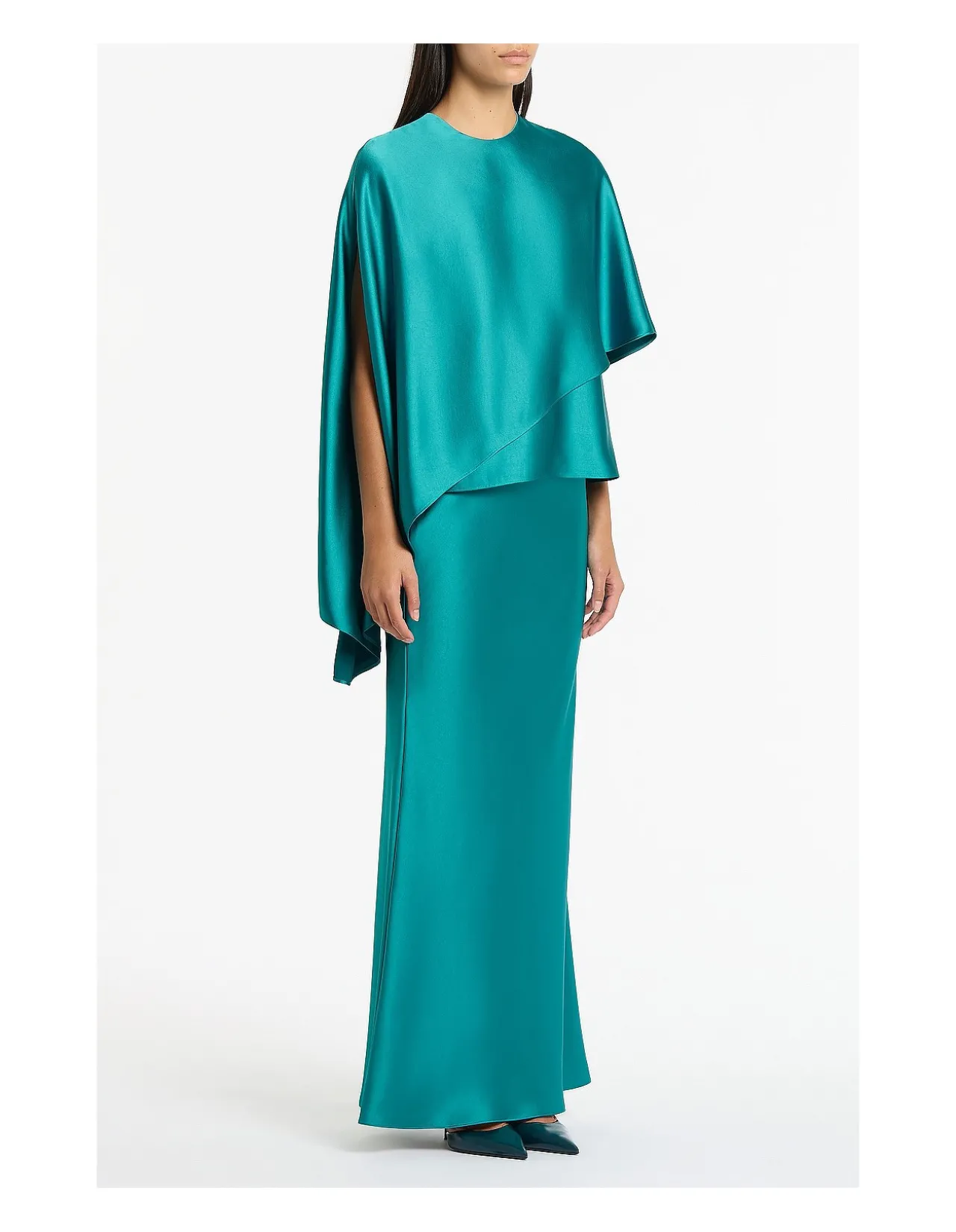 VIRIDIAN LUSTRE SATIN ASYMMETRIC DRAPE TOP