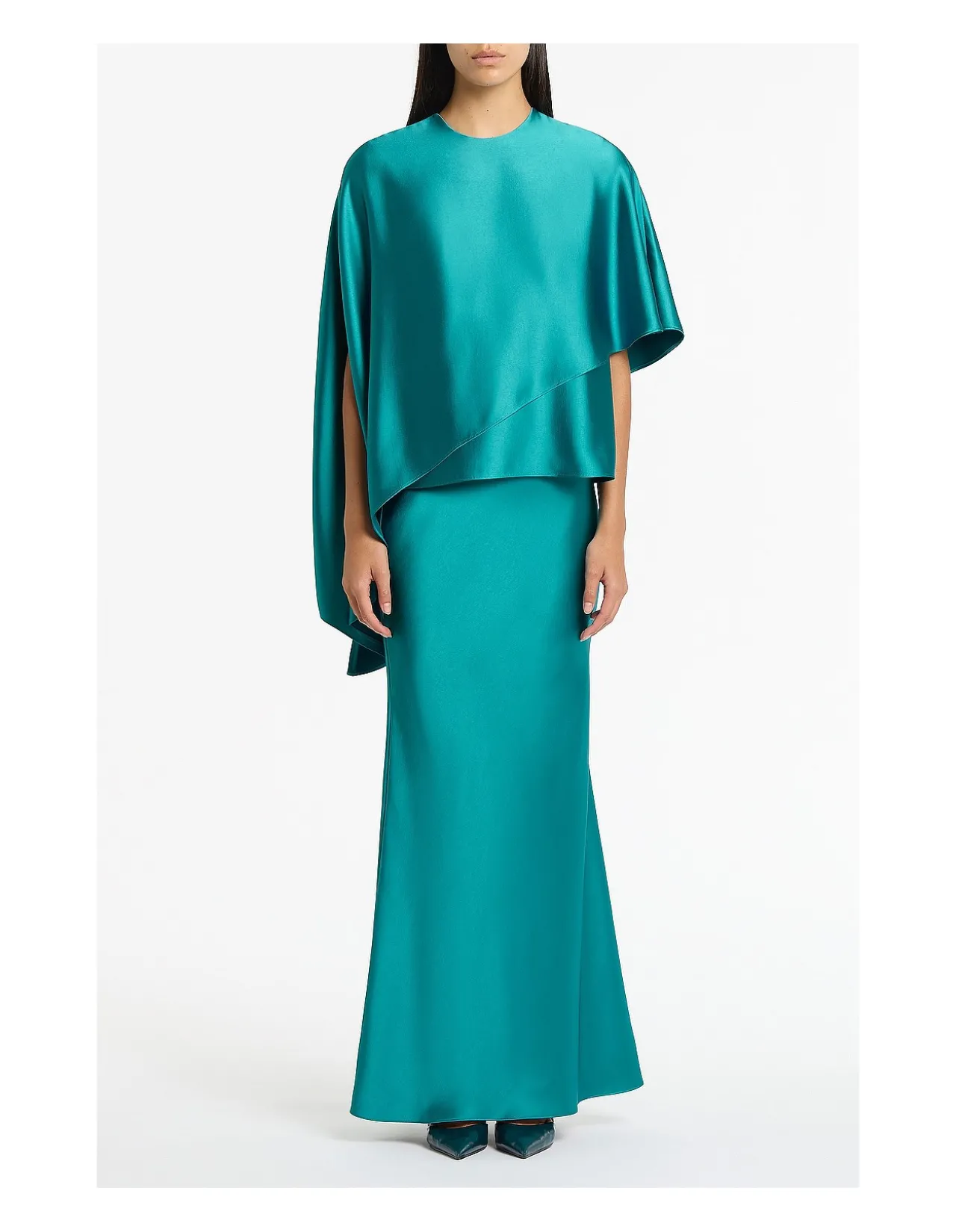 VIRIDIAN LUSTRE SATIN ASYMMETRIC DRAPE TOP