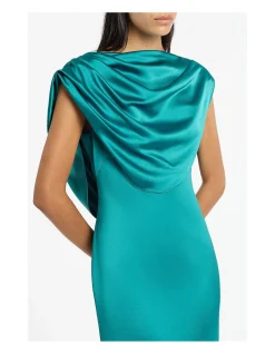 Viridian Lustre Satin Cowl Back Evening Gown