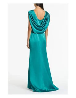 Viridian Lustre Satin Cowl Back Evening Gown