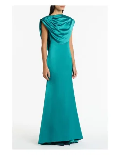 Viridian Lustre Satin Cowl Back Evening Gown
