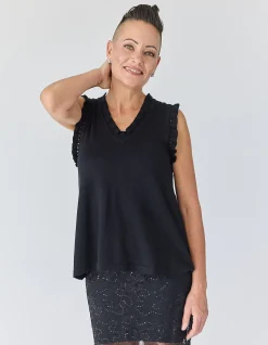 V-NECK FRILL SHELL KNIT IN BLACK