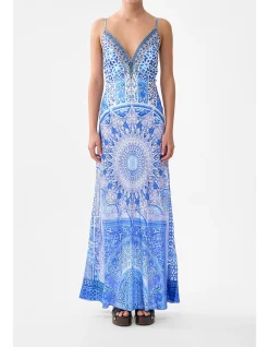 V-NECK LONG BIAS SLIP DRESS WITH TRAIN