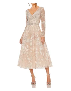 V NECK LS FLARED SKIRT MIDI DRESS