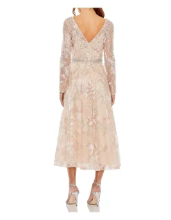 V NECK LS FLARED SKIRT MIDI DRESS