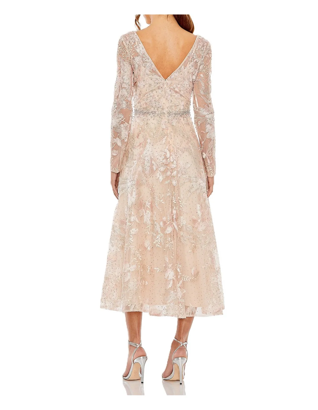 V NECK LS FLARED SKIRT MIDI DRESS