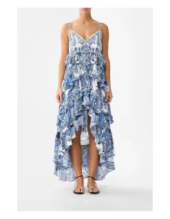 V NECK RUFFLE HIGH LOW DRESS