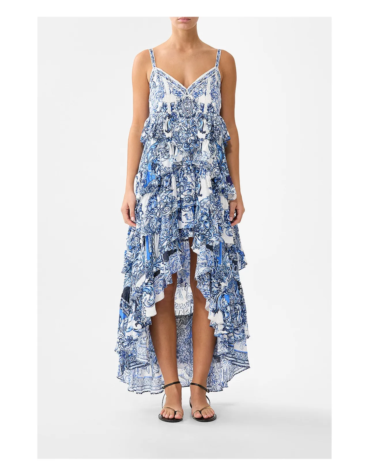 V NECK RUFFLE HIGH LOW DRESS
