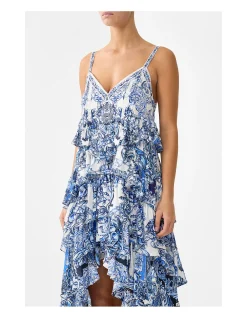 V NECK RUFFLE HIGH LOW DRESS