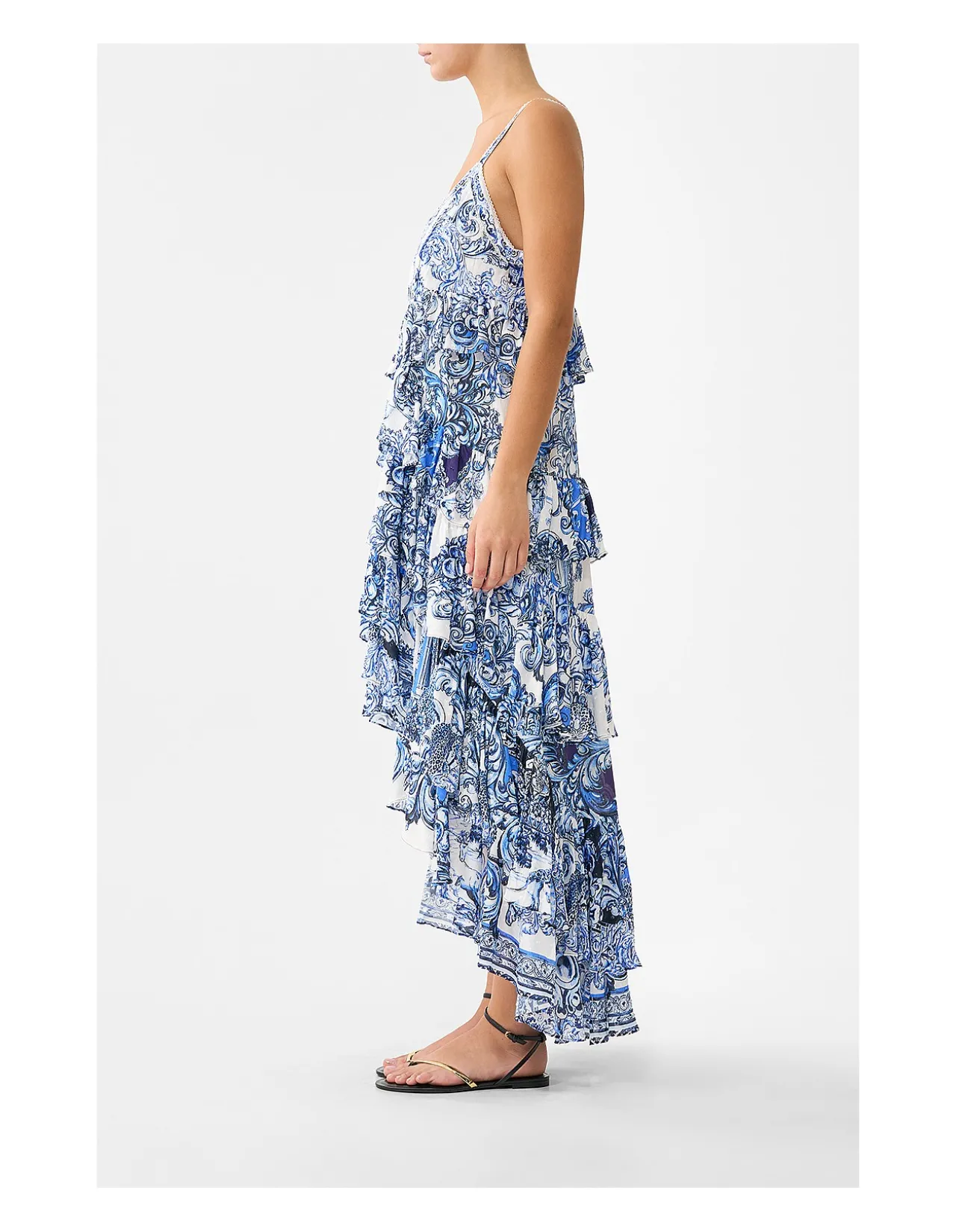 V NECK RUFFLE HIGH LOW DRESS