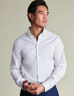 White non-iron stretch pinpoint oxford button-down slim fit shirt