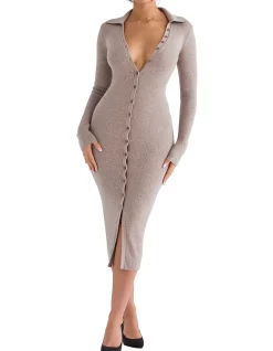 Yvette Beige Cashmere Knit Midi Dress